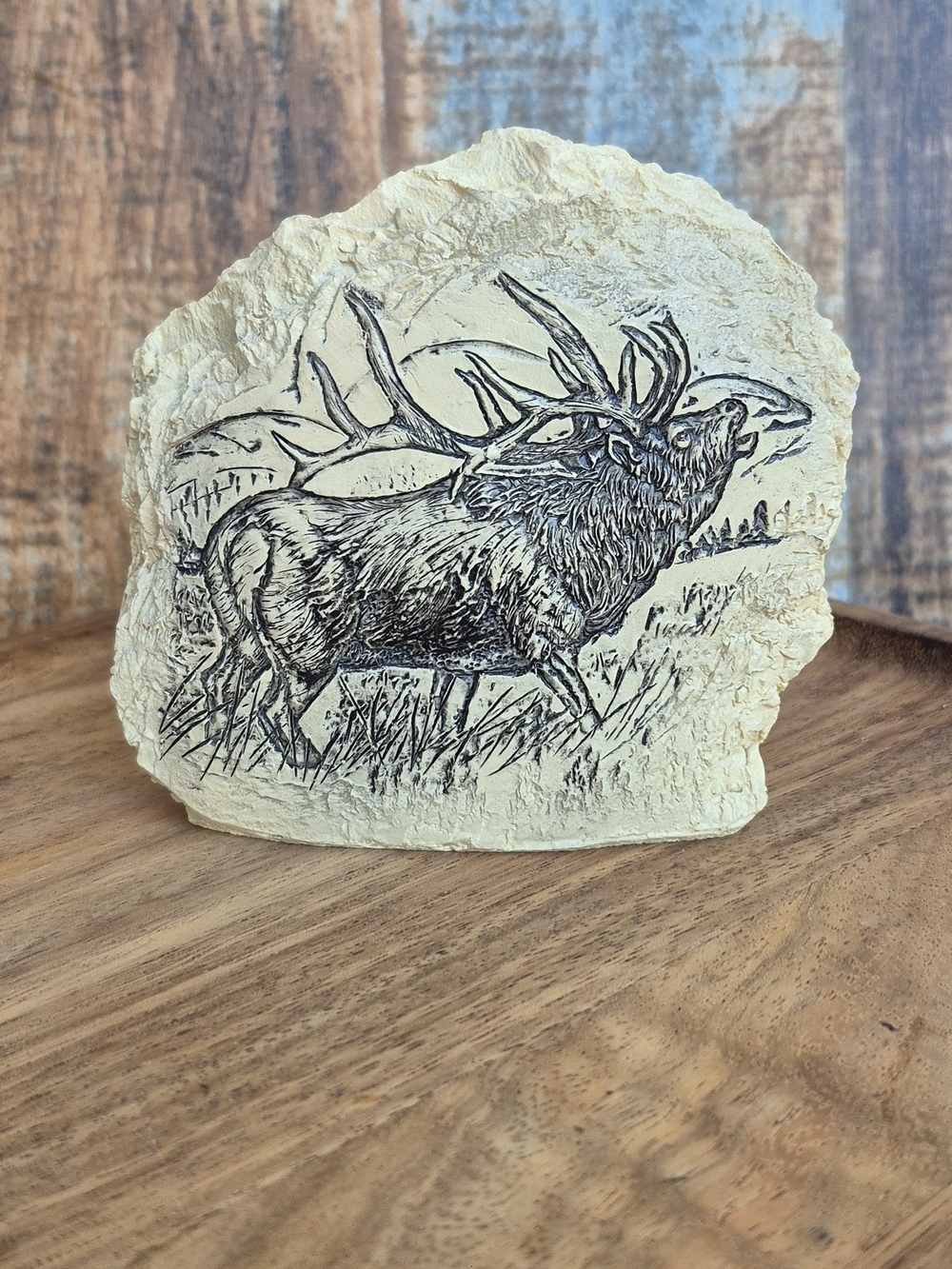 Vintage Bull Elk Engraved Faux Rock Plaque Decor Cabin Decor Man Cave Decor